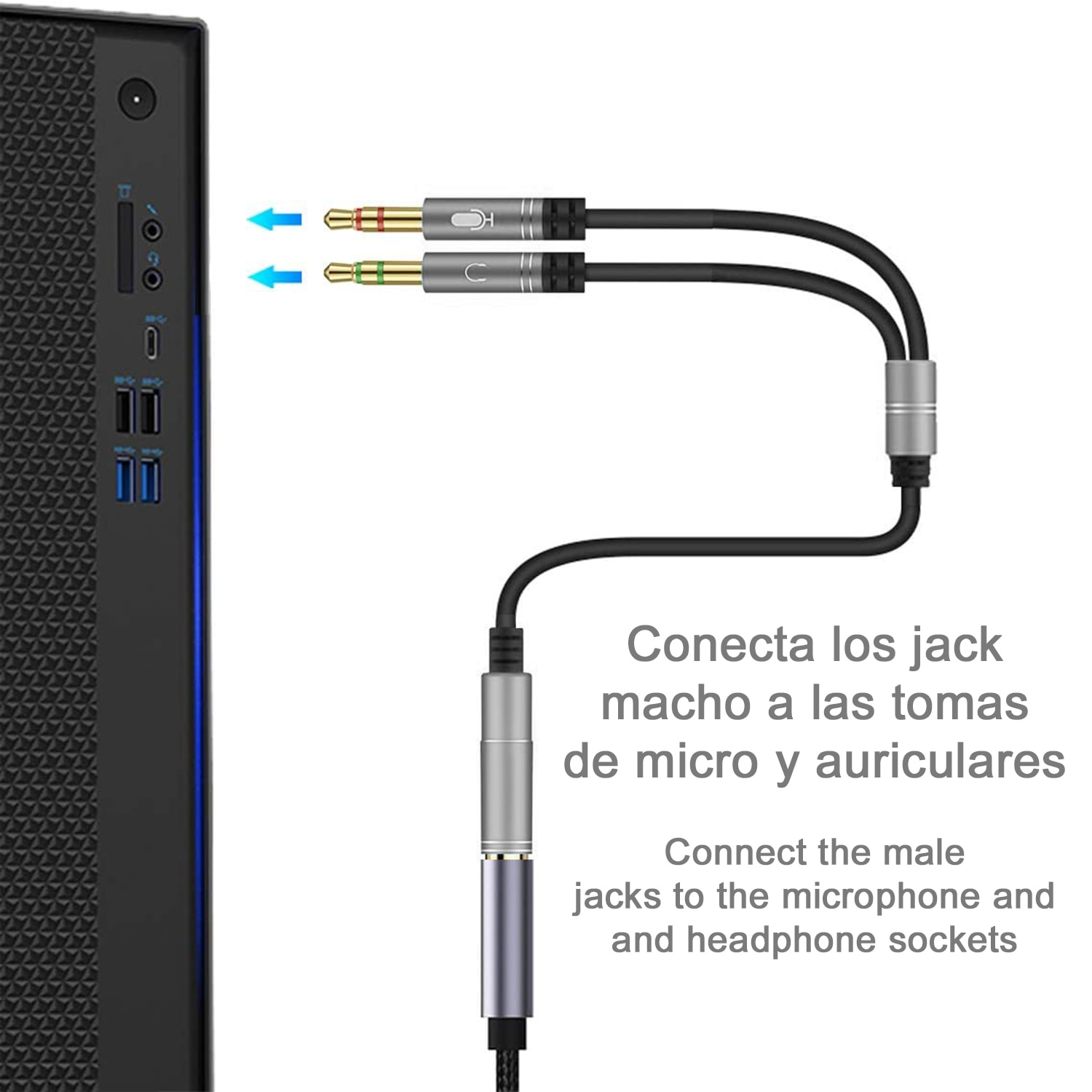 Convertitore splitter da minijack (femmina) a doppio minijack maschio (microfono e altoparlante). Usa le cuffie con microfono integrato e un semplice minijack sul tuo PC.