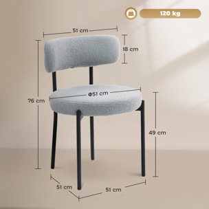 Lot de 2 chaises de salon style néo-rétro - assise ronde, dossier enveloppant - acier noir effet laine bouclée gris