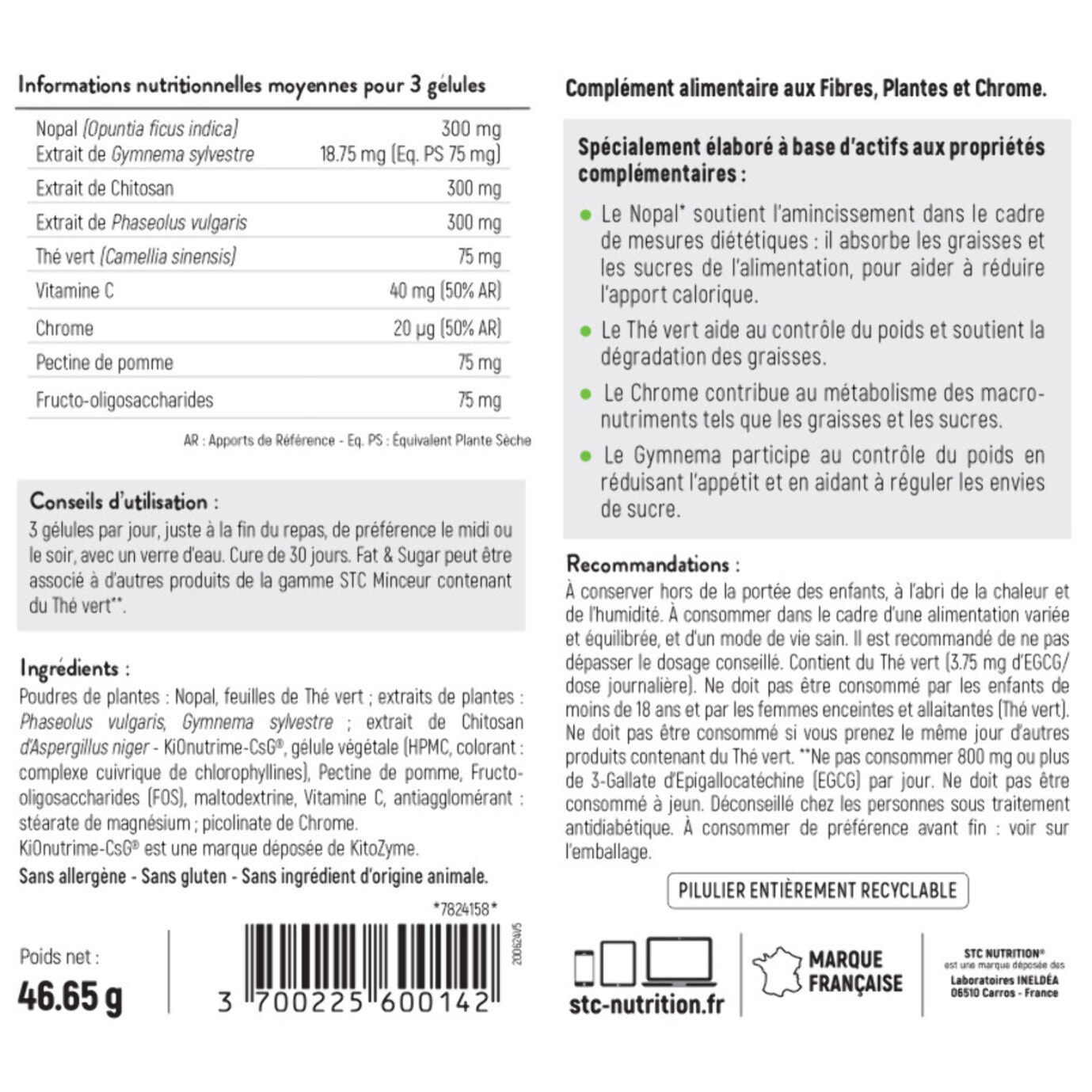 STC NUTRITION - Fat & Sugar Limit - Complément alimentaire à base de Nopal, Thé vert, Gymnema & Chitosan - Bloque les sucres et graisses - Favorise la satiété - Vegan - Cure 30 jours