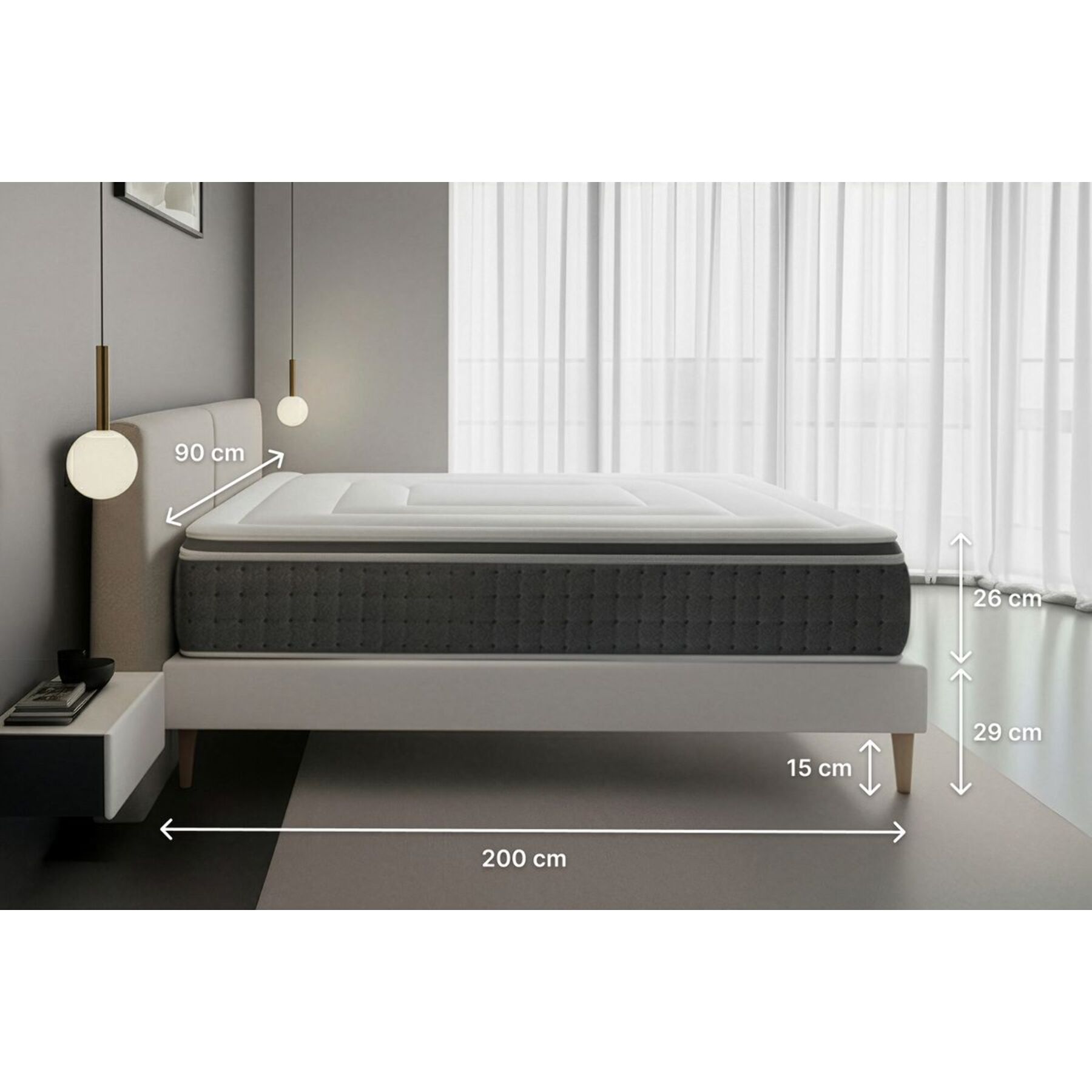 Ensemble Matelas Vingt-Six PLUS - 26cm - Ressorts ensachés et mémoire de forme - Surmatelas intégré - Sommier kit Gris