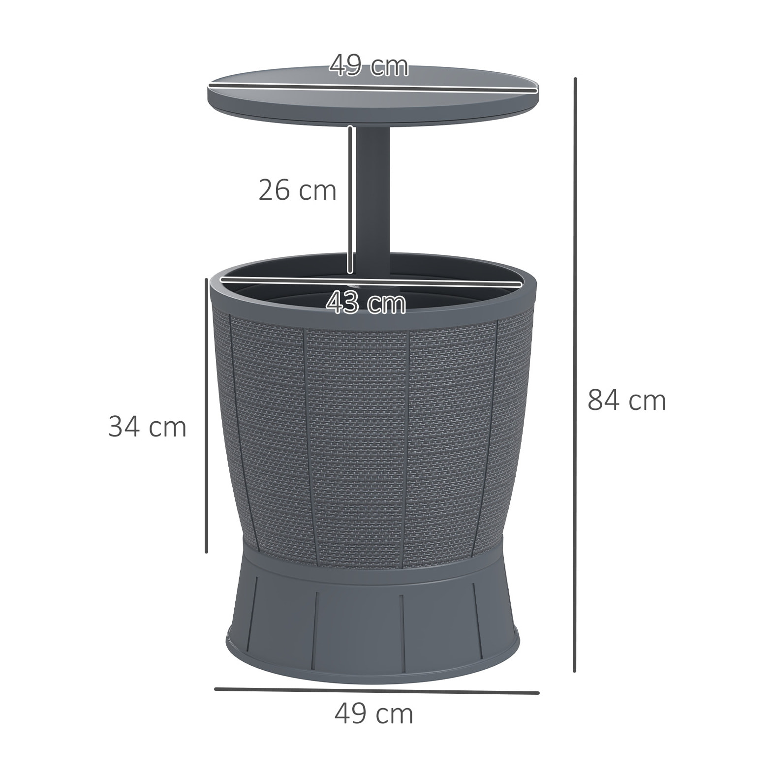Mesa Nevera para Exterior 41 L 3 en 1 Cool Bar Mesa Auxiliar con Altura Ajustable 58-84 cm Cubo de Hielo Tapa Superior Elevable para Fiesta Piscina Jardín Patio Gris