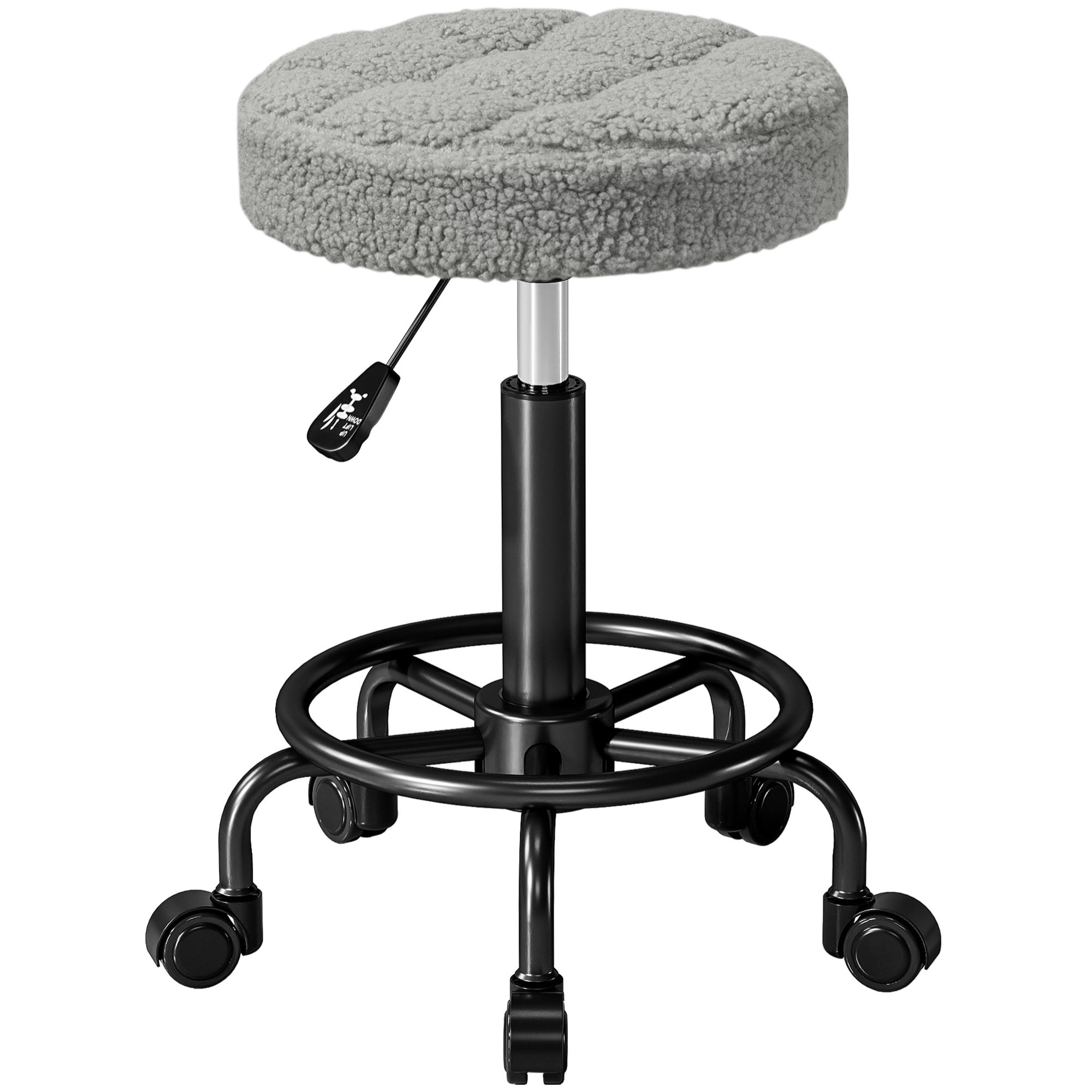 Taburete Giratorio Redondo Taburete con Ruedas Altura Regulable 50-66 cm Asiento Tapizado en Tejido de Borreguito para Salones Talleres Spa Masaje Gris
