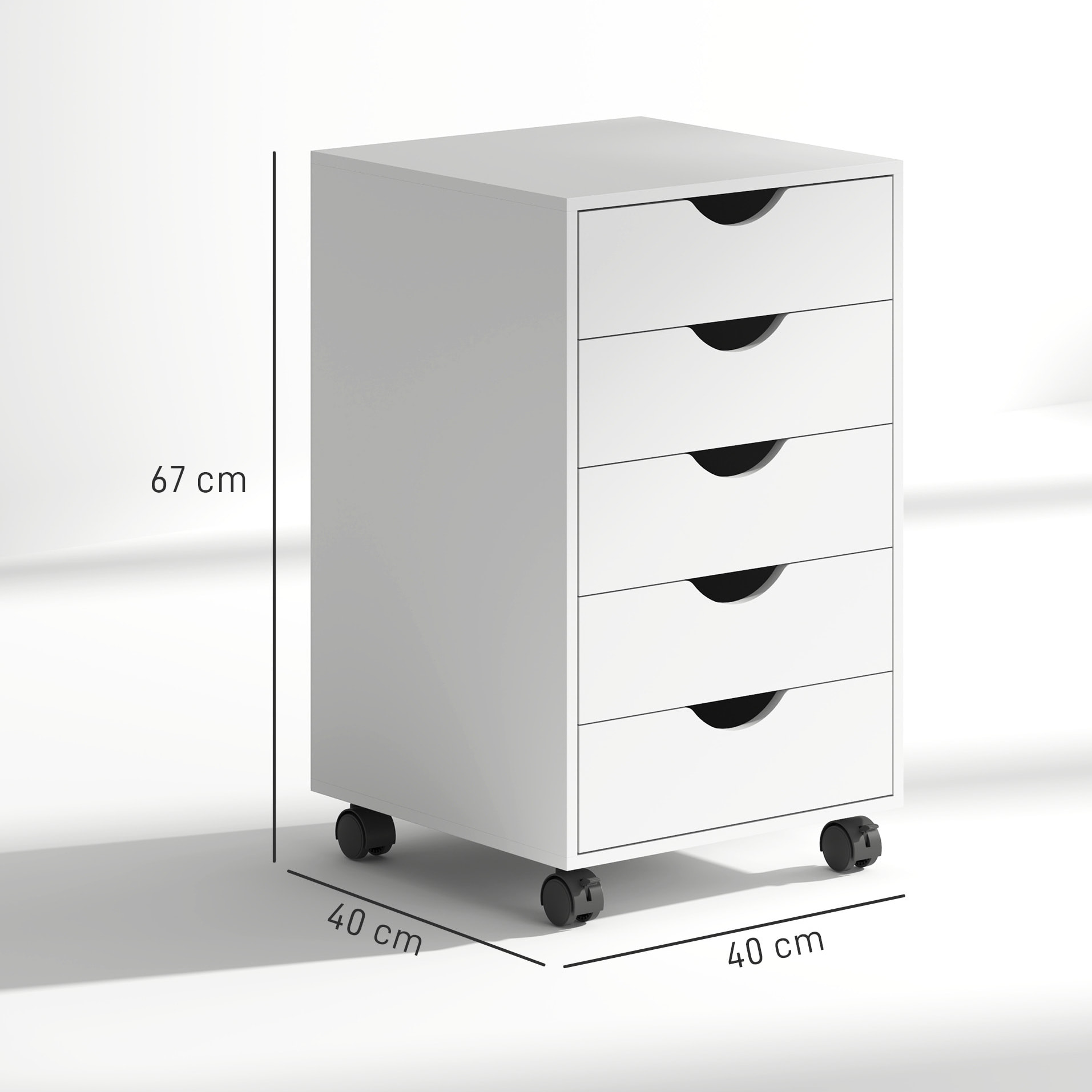 Cajonera Escritorio con Ruedas, Cajonera Oficina con 5 Cajones, Archivador Móvil, para Estudio, Salón, 40x40x67 cm, Blanco