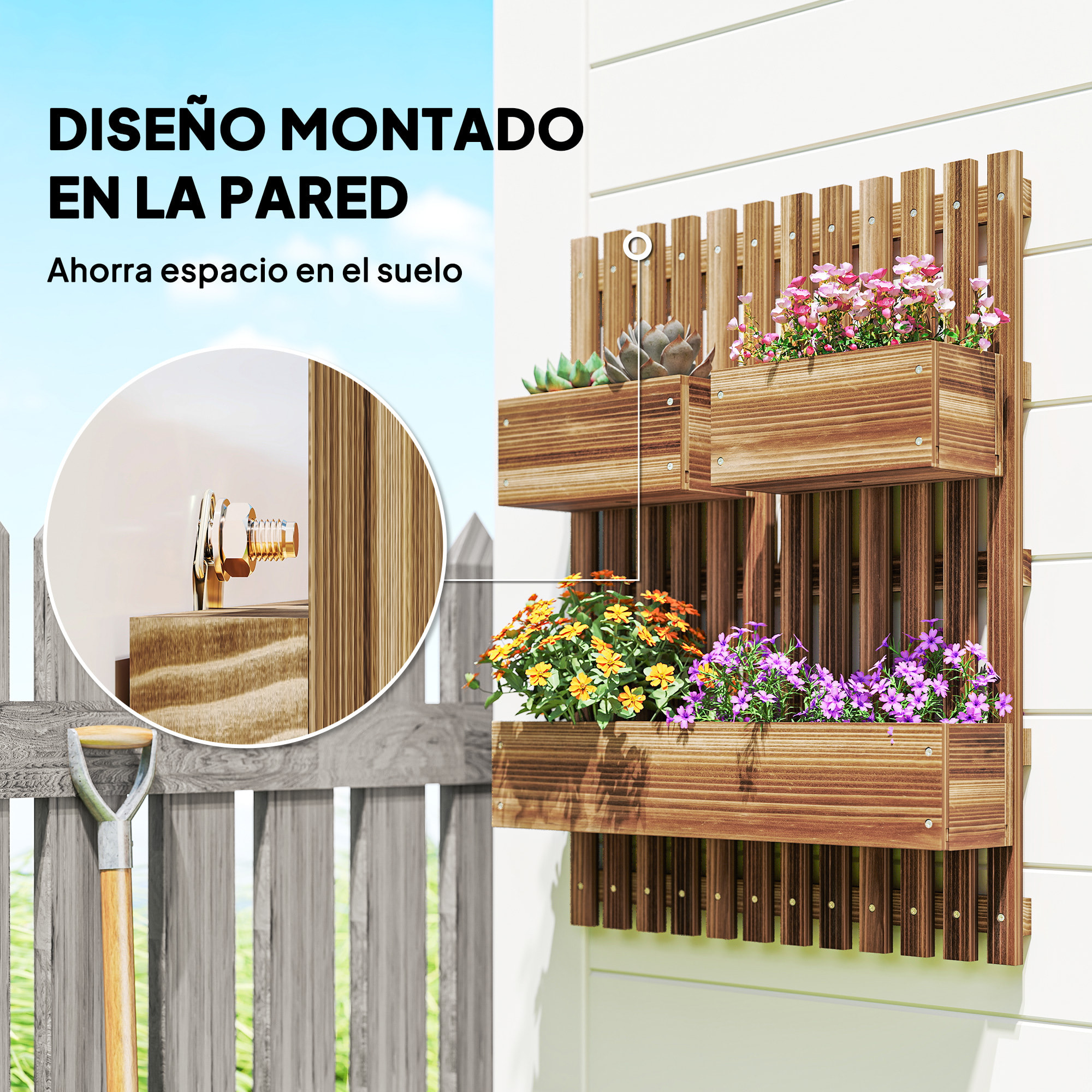 Jardinera de Pared con Enrejado, Jardinera Exterior Grande de Madera con 3 Macetas Móviles y Orificio de Drenaje, para Exterior, Jardín, Terraza, Patio, 60x16x80 cm, Carbonizado