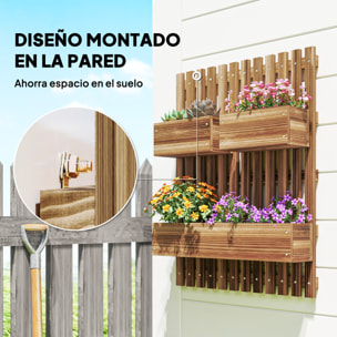 Jardinera de Pared con Enrejado, Jardinera Exterior Grande de Madera con 3 Macetas Móviles y Orificio de Drenaje, para Exterior, Jardín, Terraza, Patio, 60x16x80 cm, Carbonizado