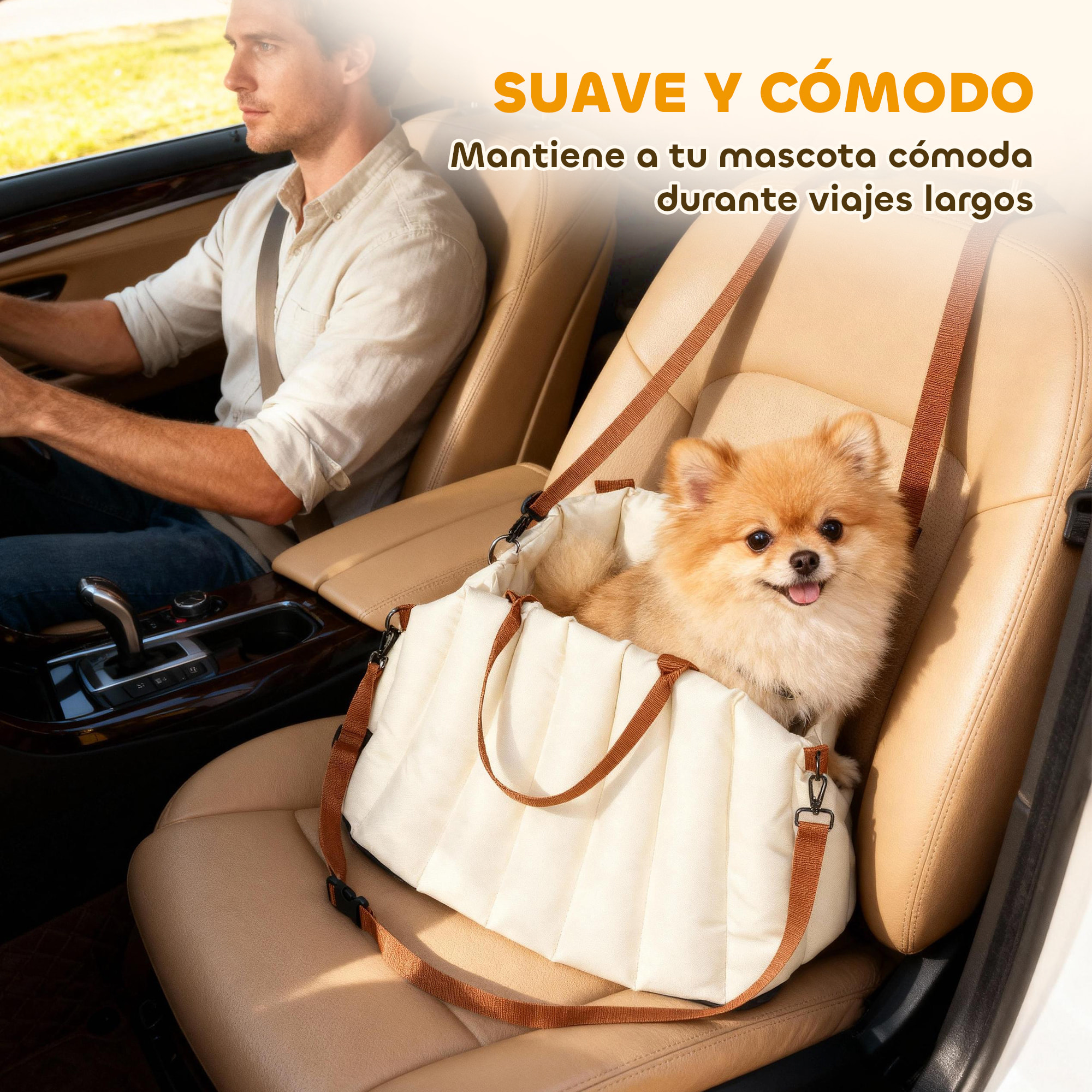Asiento de Coche para Perros Pequeños, Asiento de Coche para Mascotas de hasta 5 kg con Cinturón de Seguridad y Base Antideslizante, Cama de Viaje Portátil con Funda Extraíble y Lavable, Crema