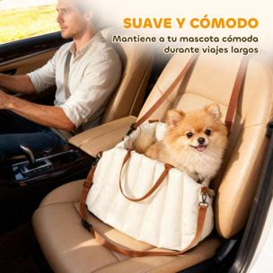 Asiento de Coche para Perros Pequeños, Asiento de Coche para Mascotas de hasta 5 kg con Cinturón de Seguridad y Base Antideslizante, Cama de Viaje Portátil con Funda Extraíble y Lavable, Crema