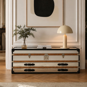 Commode basse 1 coffre 2 tiroirs en acier inoxydable et cuir ILIADE