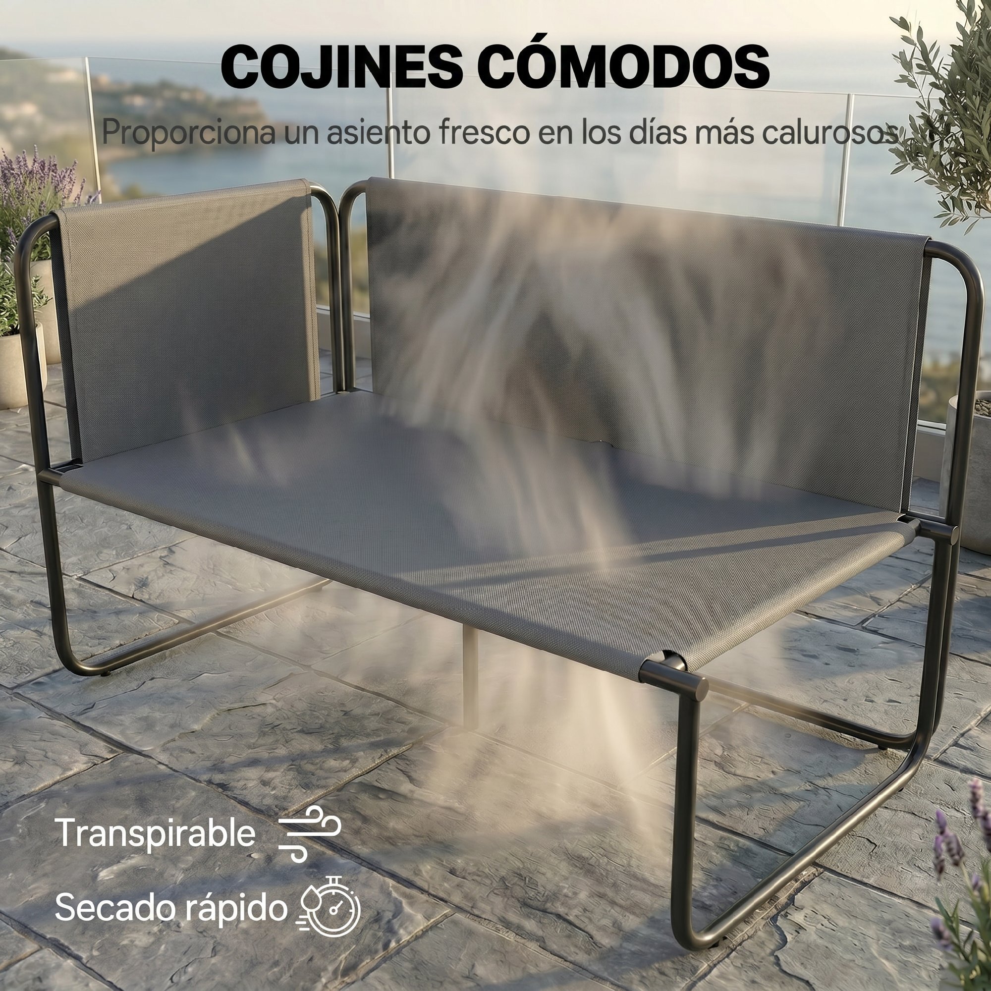 Conjunto Jardín Exterior de 4 Piezas, Muebles Jardín Exterior con 2 Sofás 2 Plazas, 2 Mesas de Vidrio, Cojines, Fundas Extraíbles, Bolsillos, Tela Textilene Transpirable, Marco Acero, Caqui