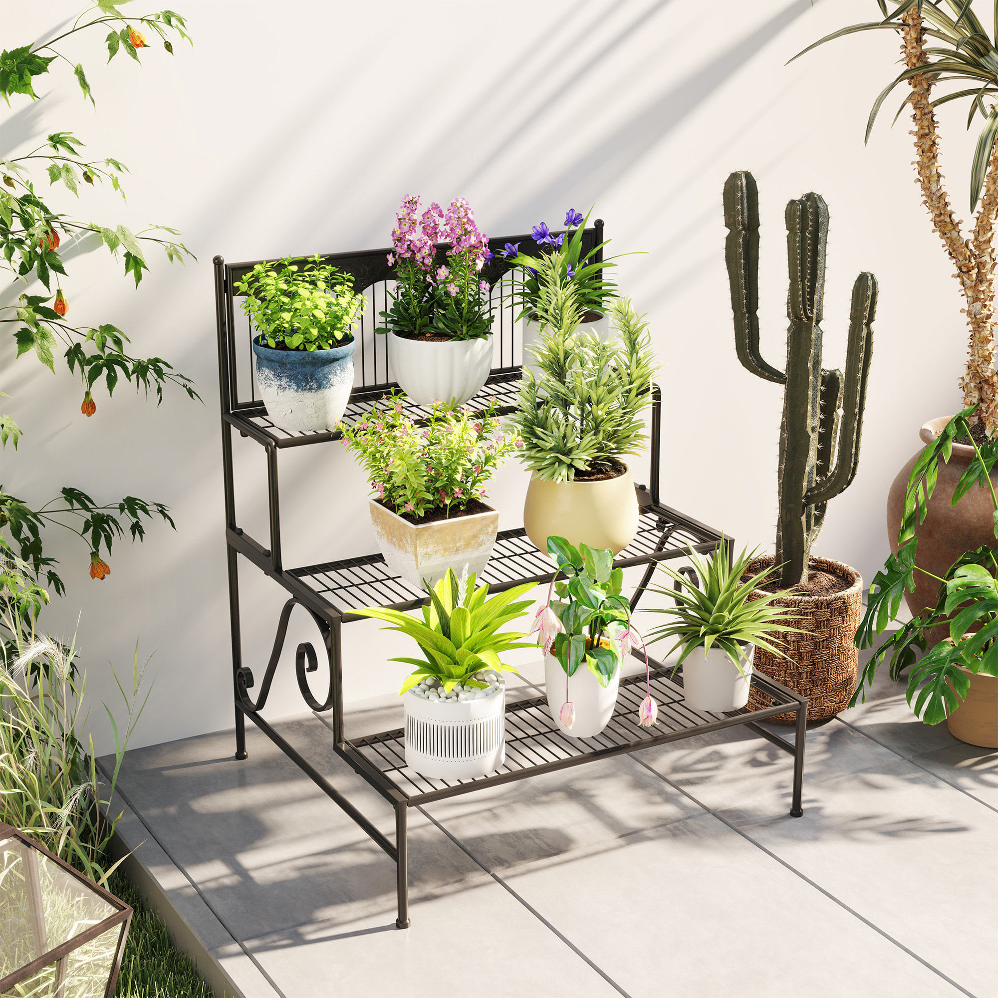 Soporte para Plantas de 3 Niveles Estantería para Plantas para Esquina Diseño en Escalera Soporte para Macetas Interior y Exterior 73x66x85 cm Negro