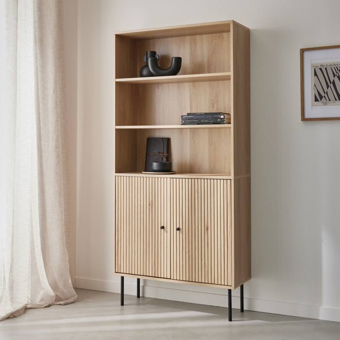 Bibliothèque décor bois rainuré et métal noir 2 portes 5 étagères H170.5cm