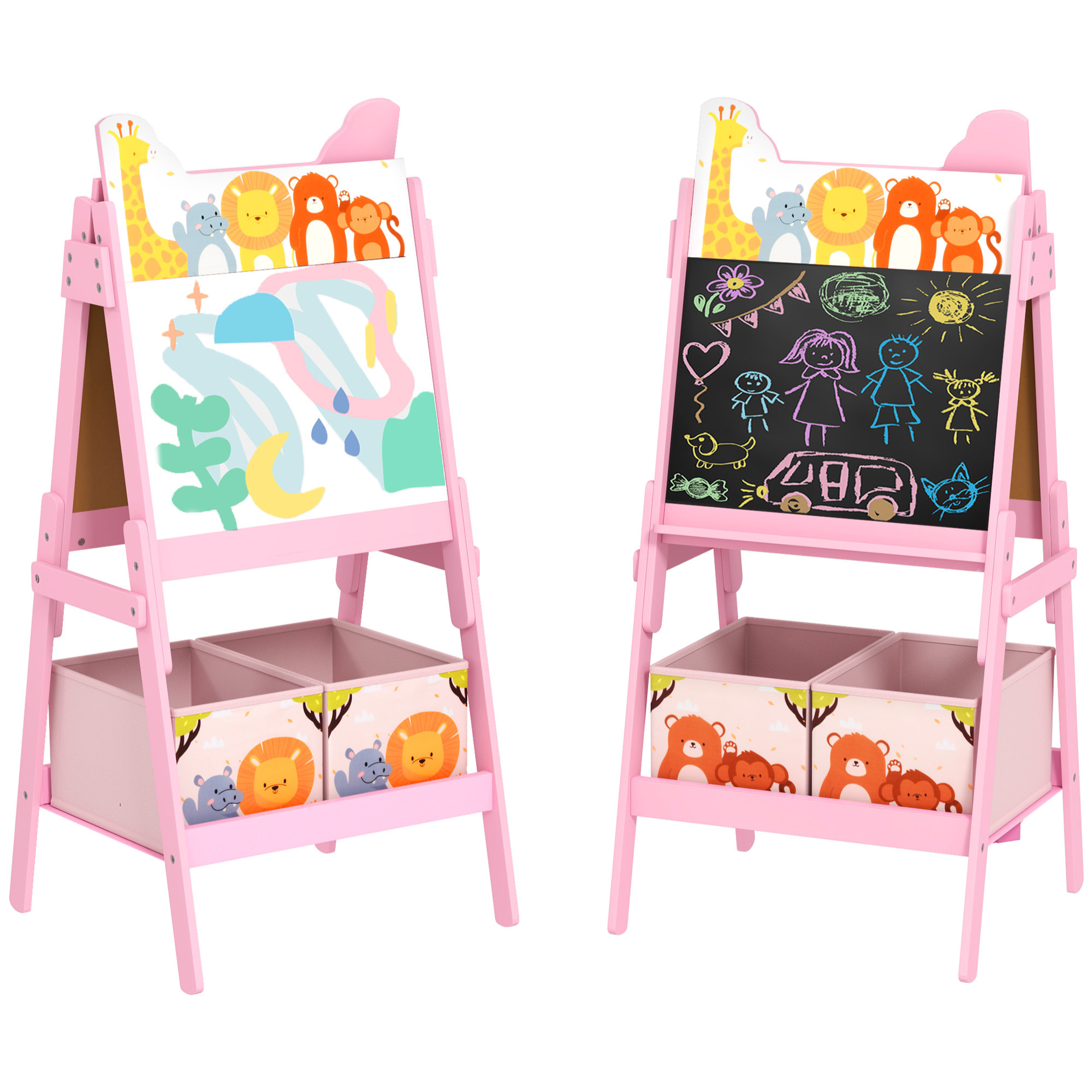 Pizarra Infantil Caballete 2 en 1 Doble Cara con Pizarra Blanca 2 Cestas de Almacenamiento Caballete Pintura Niños con Estampado de Animales 53,5x49x113 cm Rosa