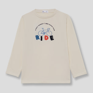 Camiseta niño crudo de manga larga de punto, estampado de bicicleta y texto RIDE, cuello redondo | Color: Crudo | Street Monkey