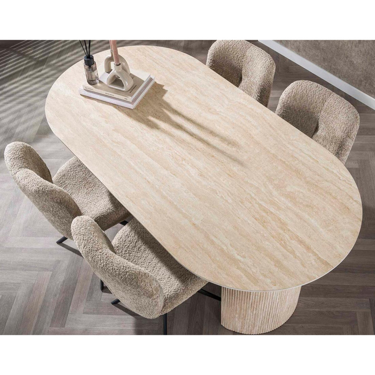 Maeva - table à manger - bois effet travertin - 6 personnes - Beige