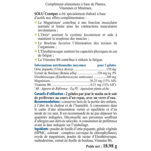 NUTRIEXPERT – Solu Crampes – Favorise l'élimination des toxines – Maintien la souplesse des muscles – Lutte contre l'apparition des crampes - 100% extraits d'origine naturelle - Vegan – 60 Gélules végétales