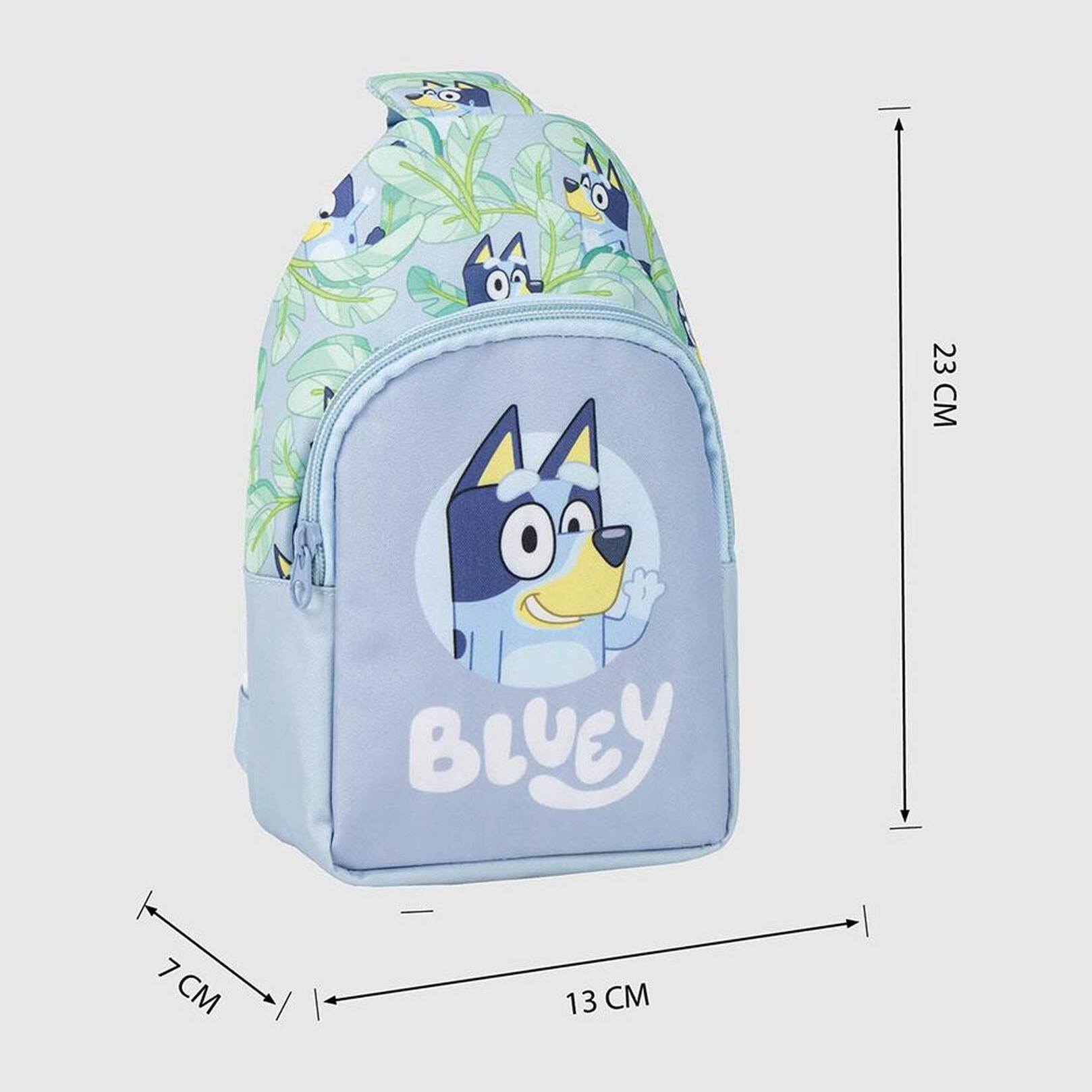Mochila bandolera de bluey - color azul - 13x23x7cm - fabricada en poliéster - bandolera infantil con asas ajustables - compartimento principal