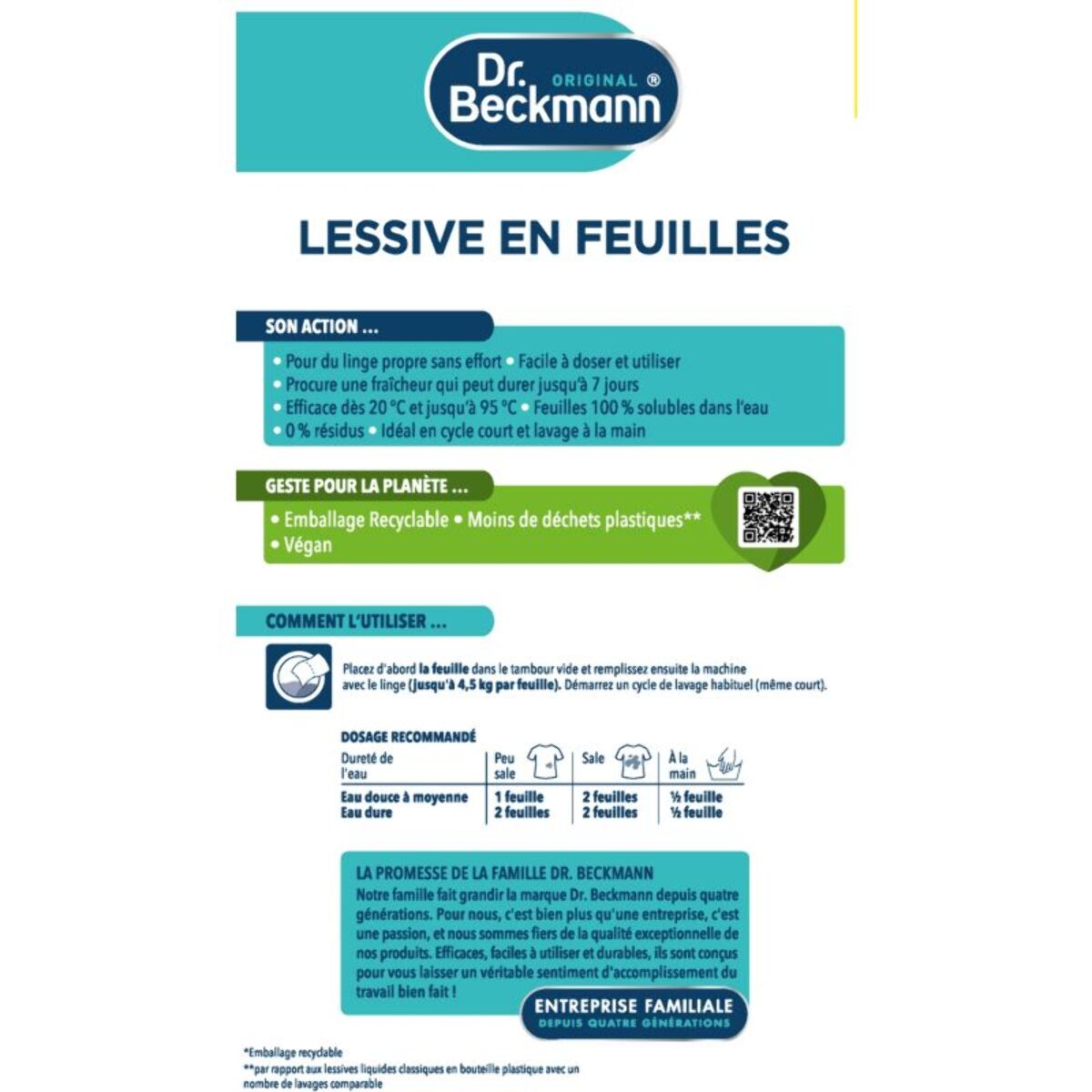 Lessive DR BECKMANN en feuilles L'Essentielle x125 lavages
