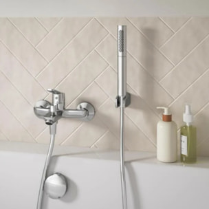 Pack baignoire 180 x 80 Elise + tablier niche + mitigeur bain douche mural Aimé chromé + pare bain chromé + vidage