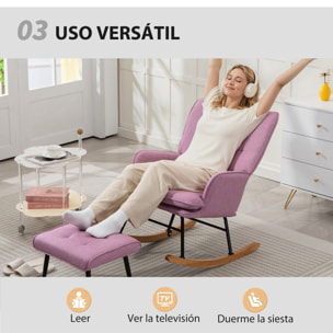 Silla Mecedora con Reposapiés, Sillón de Relax, con Cojín Acolchado, Respaldo Alto, Reposabrazos y Patas de Madera, Carga 130 kg, para Salón, Dormitorio, Rosa