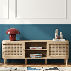 Meuble TV 2 portes couleur chêne et cannage - BALI