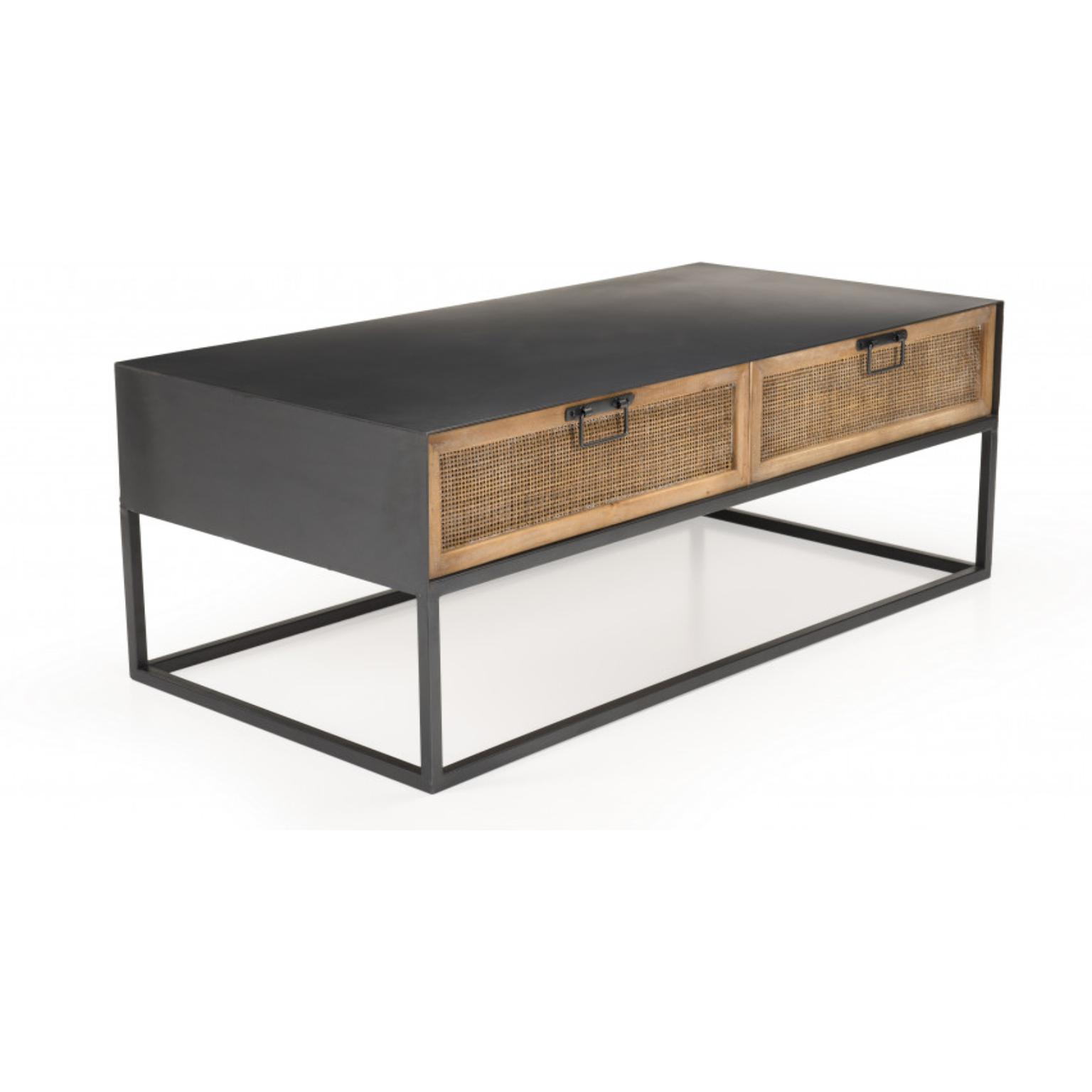 DORIANE - Table basse rectangulaire noire métal 2 tiroirs cannage naturel