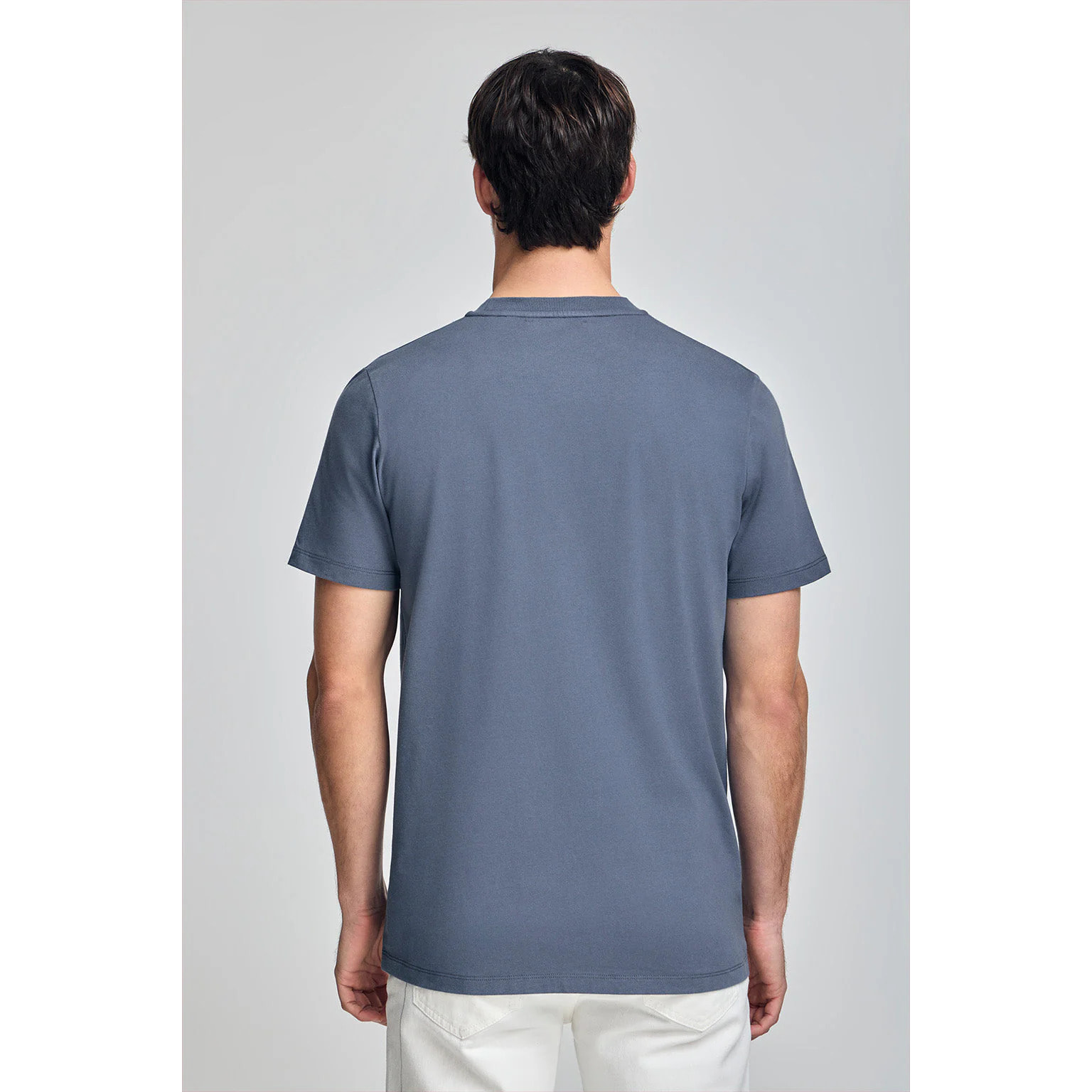 Maglietta blu denim con scollo rotondo e logo gommato