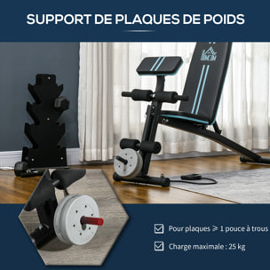 Banc de musculation pliable inclinable réglable sangles élastiques + support haltères inclus acier noir bleu
