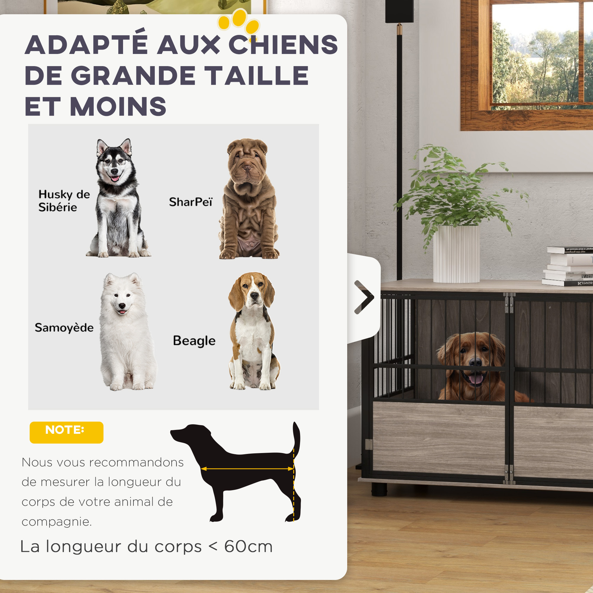 Cage pour chien animaux style industriel - porte coulissante verrouillable - acier noir panneaux aspect bois