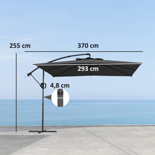 Parasol déporté carré 3 x 3 m réglable piètement croix manivelle tissu haute densité 180g/m² UPF50+ gris