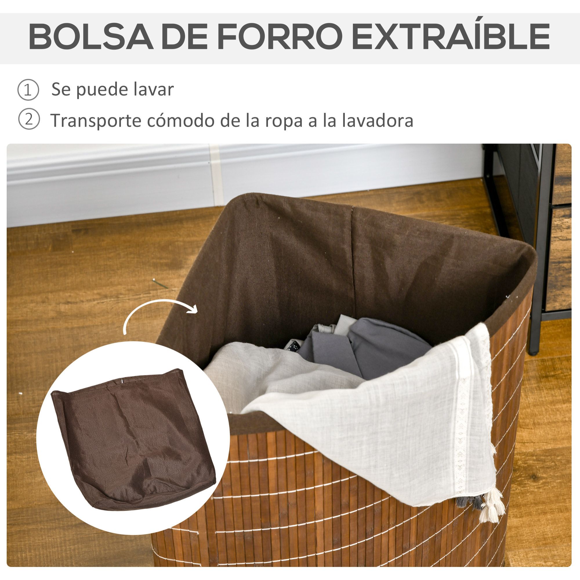 HOMCOM Cesto para Ropa Sucia de Bambú Capacidad de 55L Cesta para la Colada en Forma de Abanico con Tapa y Bolsa Extraíble 38x38x57 cm Marrón