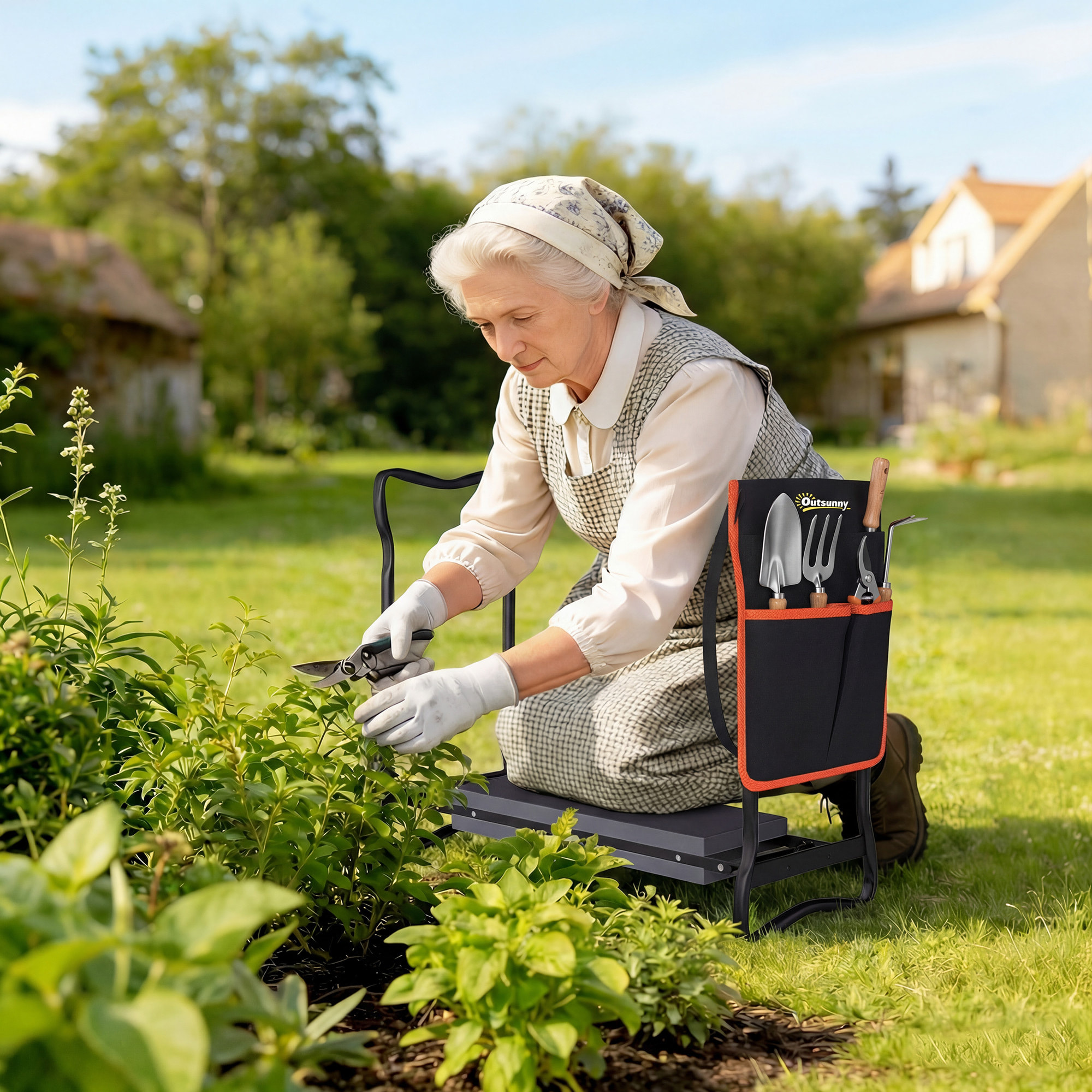 Taburete de Jardín Plegable con Almohadilla de Espuma EVA, Asiento de Jardín Portátil con Bolsa para Herramientas en Cintura, Carga 150 kg, Regalo para Jardineros, Ancianos, Negro