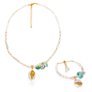 Set de pulsera y collar a juego con colgante cuadrado pintado, piedra aguamarina, conchas, lapislázuli y perlas naturales.