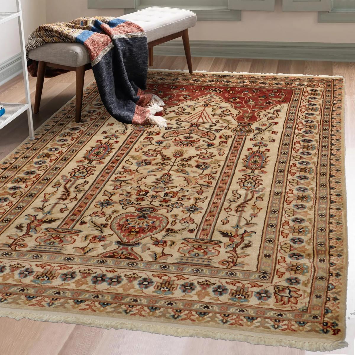 Authentique tapis d'Orient 125x180 fait main en soie beige JIHANGIR 55