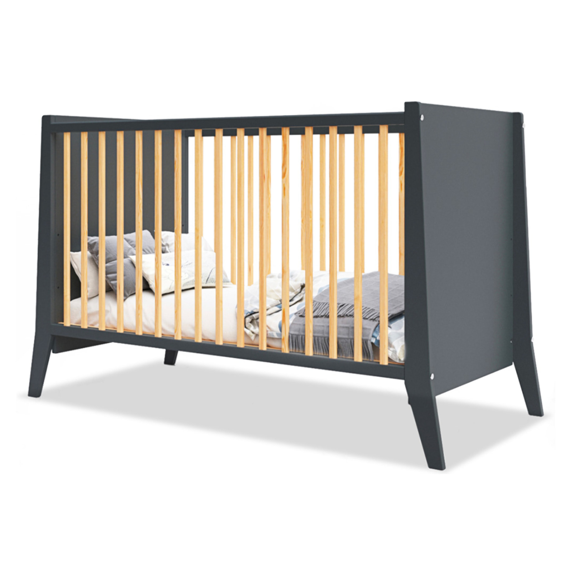 Lit Evolutif Timéo à barreaux 60 x 120 cm, Gris & Bois, En Bois, 3 Hauteurs, Barreaux amovibles