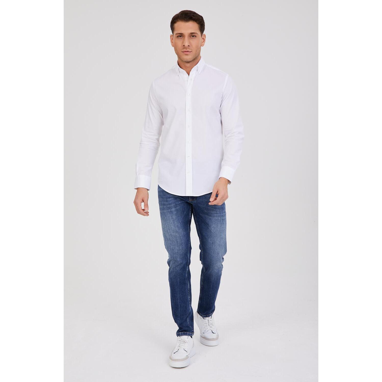 Camicia Uomo 1 Bottone Button Down Slim Popeline Stretch Unito Bianco