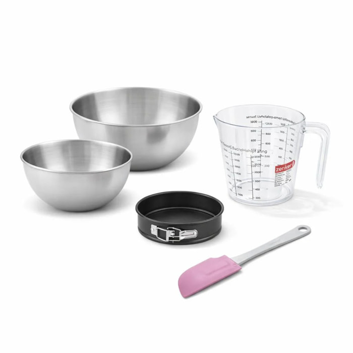 Set pâtisserie avec mini moule à manqué, 2 bols à mixer, verre mesureur et spatule Zenker