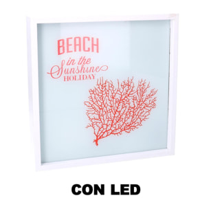 Quadro in legno bianco con led e corallo quadrato cm24x24x4