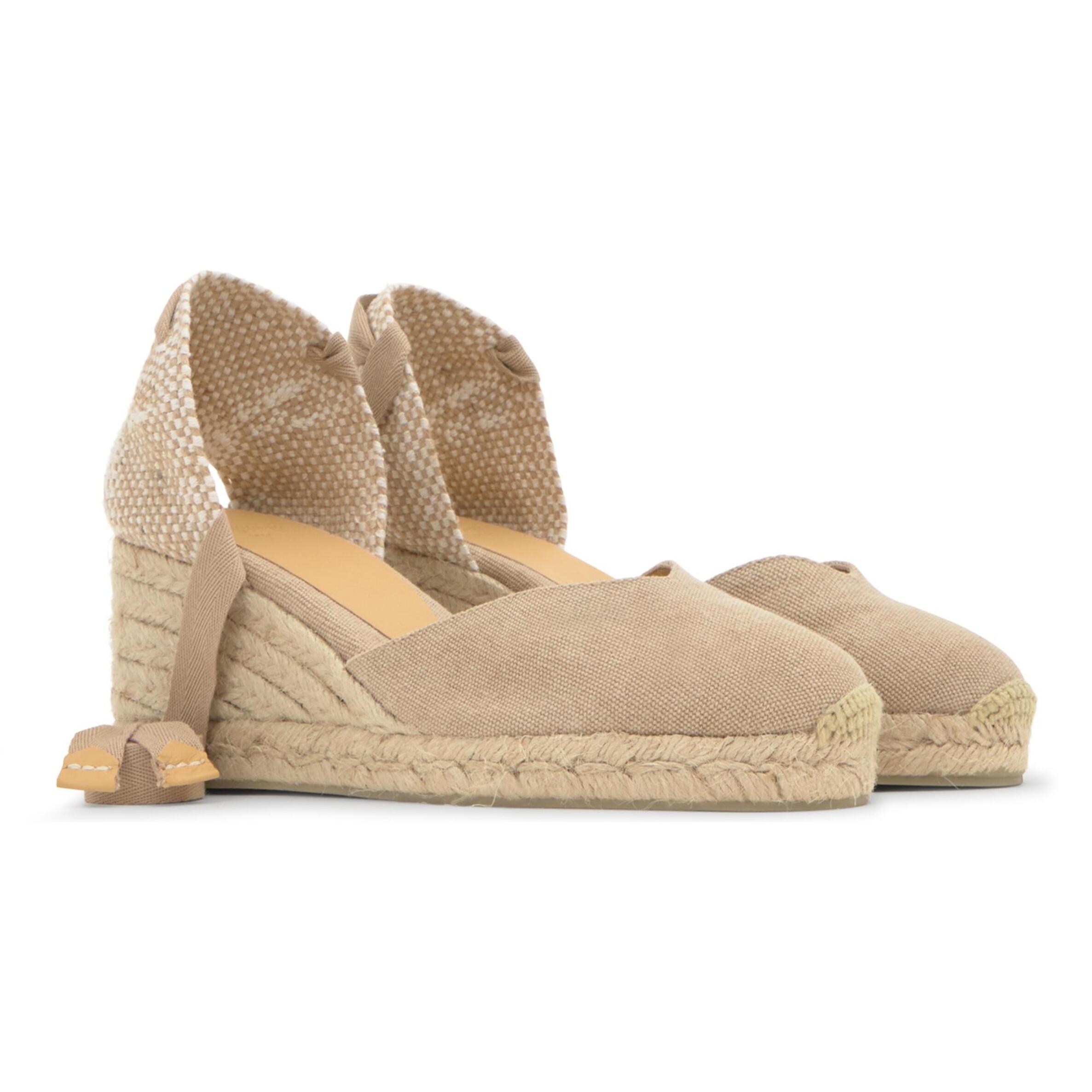 Alpargata con cuña 7 cm en lona de algodón con pala en v y cintas al tobillo