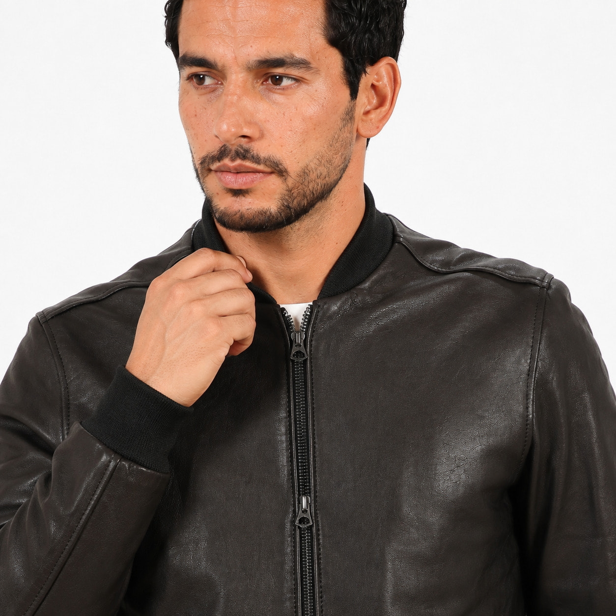 Giubbino in vera pelle di vitello rifinizione vegetale Nero -Slim Fit