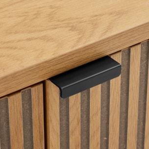 SCOTT - Buffet 4 portes décor effet bois rainuré noir et naturel
