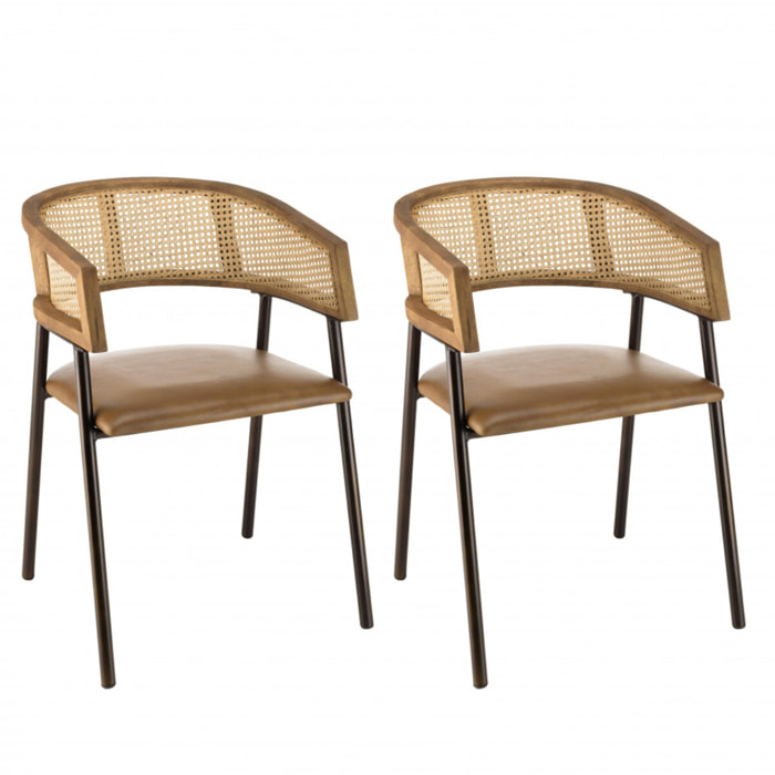 MARCEL - Lot de 2 fauteuils assise cuir dossier en manguier et rotin