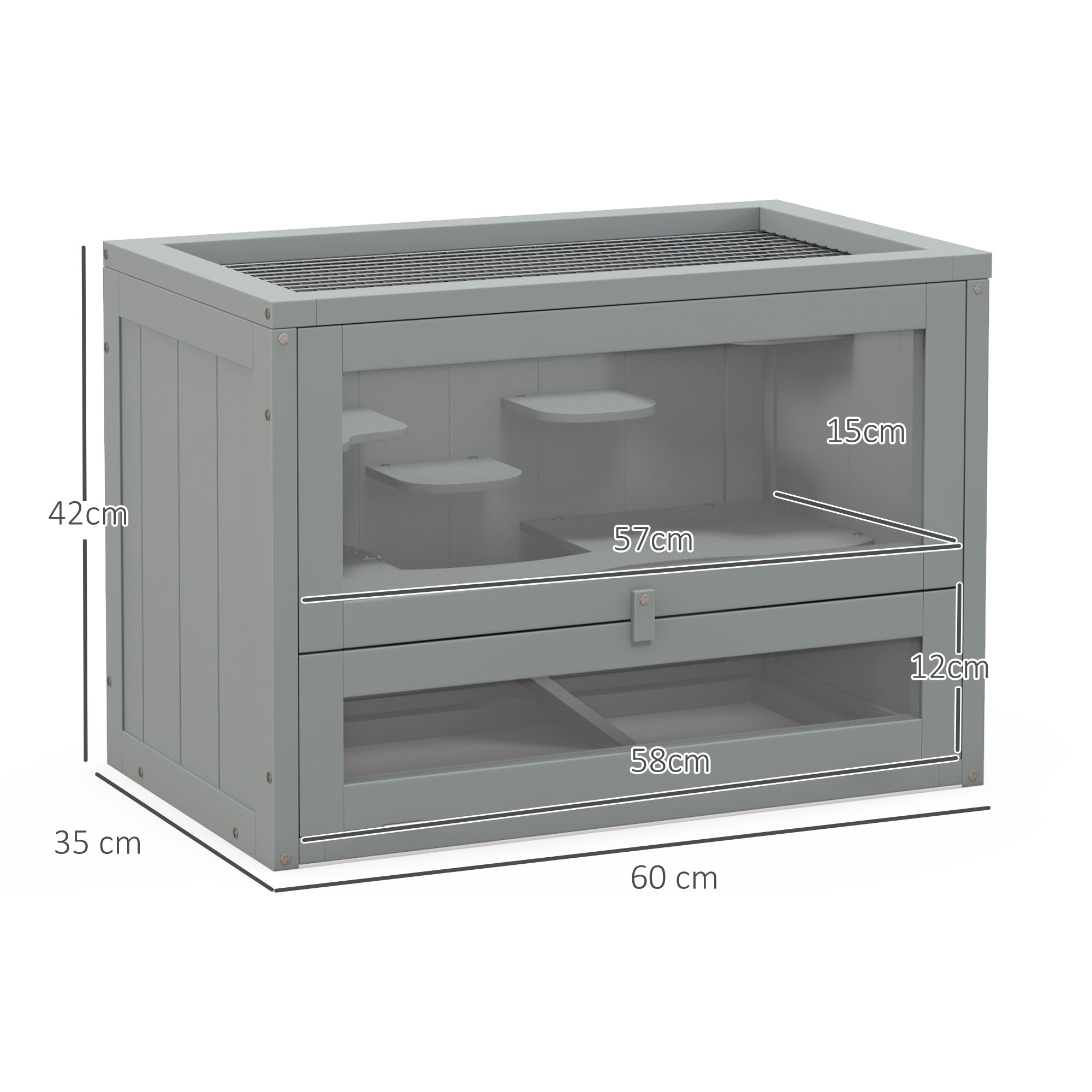 Cage pour hamsters souris petits rongeurs multi-équipements rampe plateformes toit ouvrant grillagé porte bois de sapin plexiglas gris