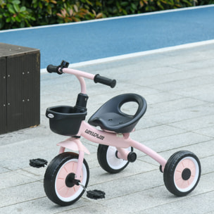 Tricycle enfant multi-équipé garde-boue sonnette panier pédales antidérapantes siège réglable avec dossier métal rose