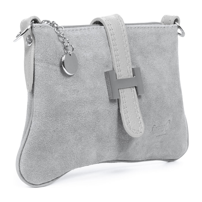 FIRENZE ARTEGIANI Borsa da Donna Allerona. Vera Pelle Dollaro Camoscio Made in Italy 24x2x14 Cm. Colore: grigio chiaro