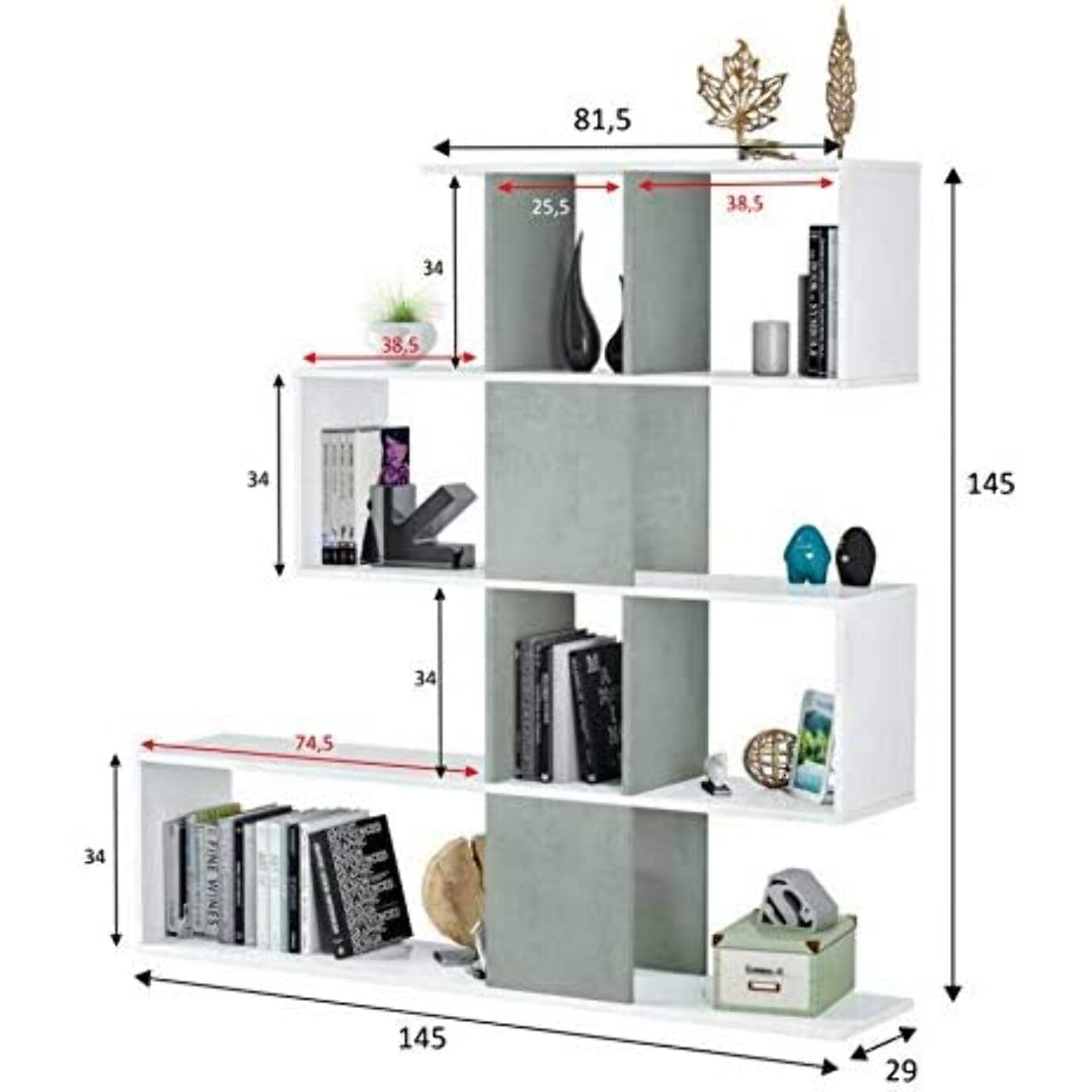 Libreria Elche Design Zig Zag Scaffale Mensola Moderna Mobile per Libri con Ripiani per Soggiorno Salotto 145 x 145 x 29 cm Bianco e Grigio Cemento