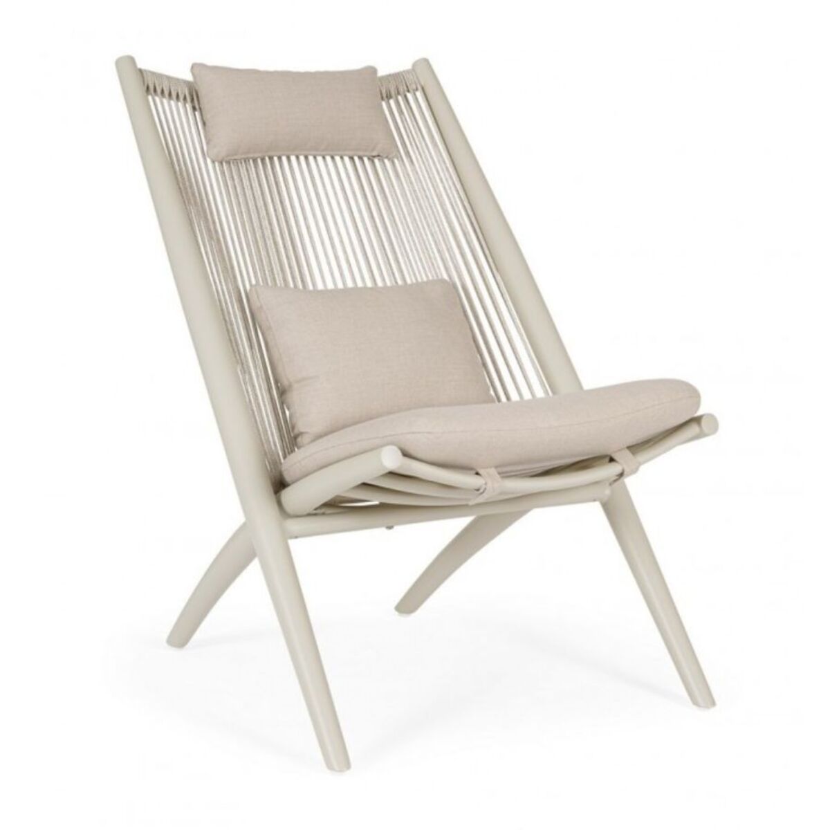 Set di 2 poltrone ALOHA in alluminio beige e intreccio di corda beige, con cuscini