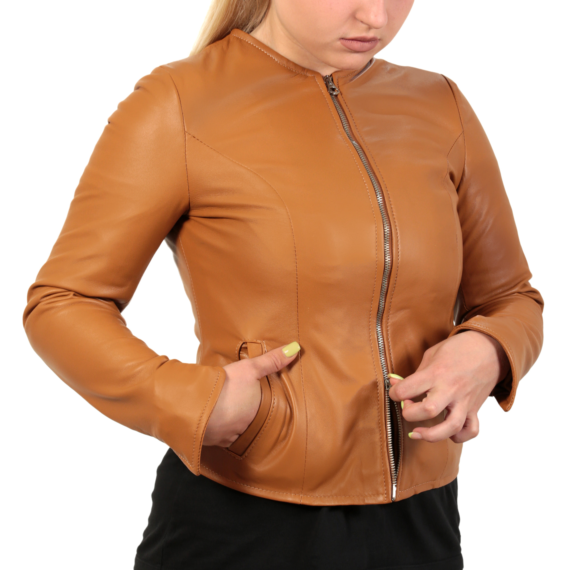 Giubbino in pelle di vitello nappa Cuoio-Slim Fit