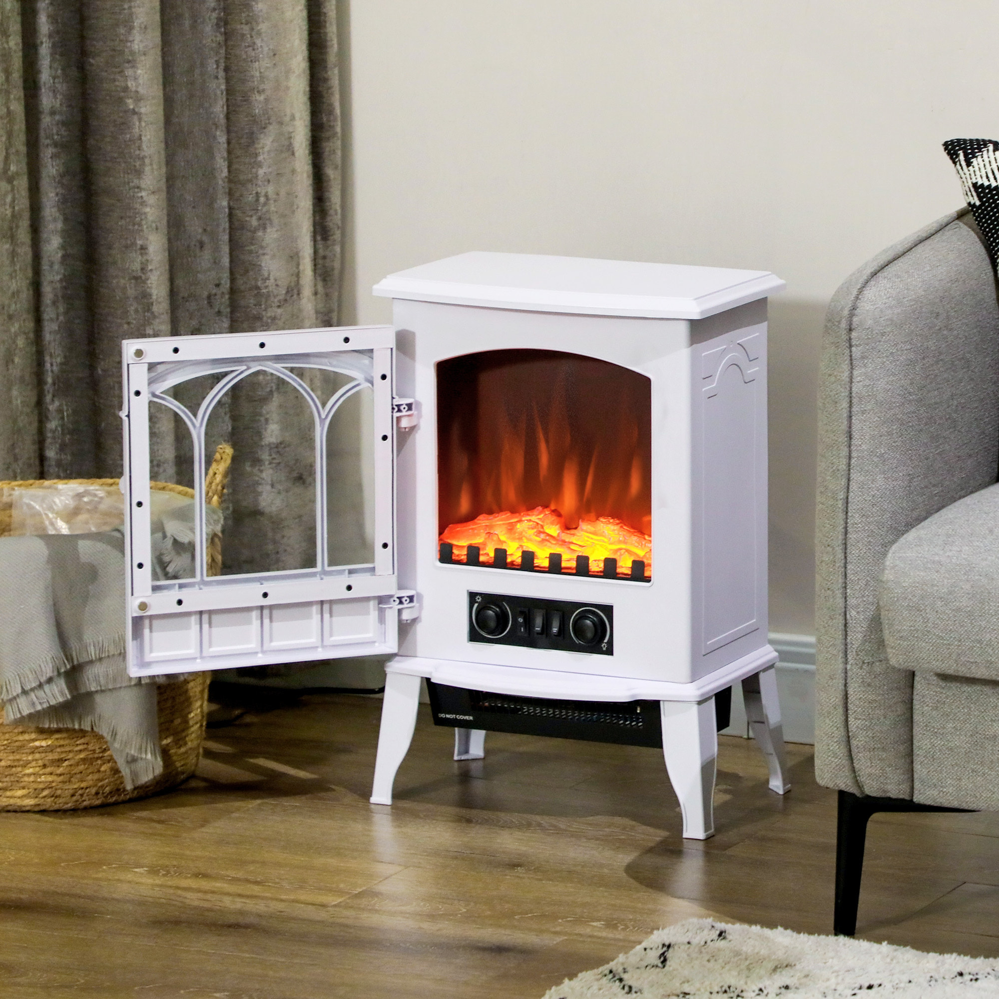 Cheminée électrique poêle style rétro 1000-2000 W simulation flammes LED porte blanc