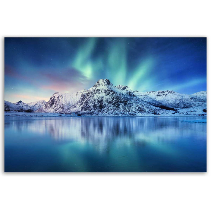 Tableau aurores boréales sur lac de montagne gelé Toile imprimée