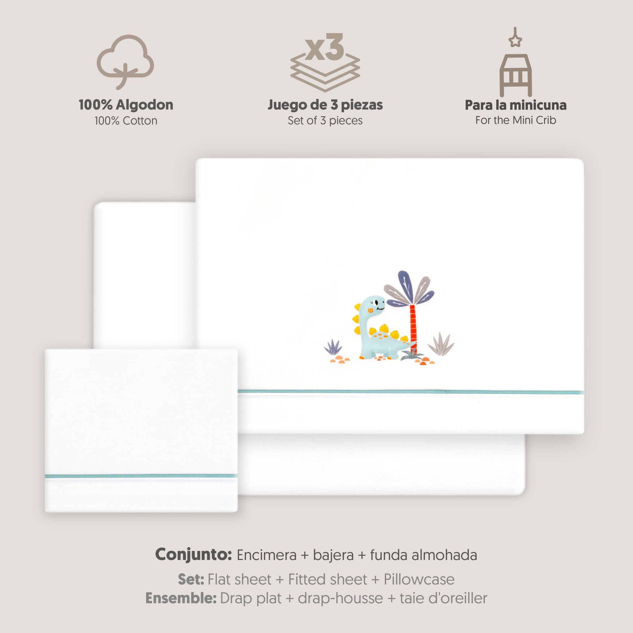 Triptico Minicuna Estampado Dinosaurio Palmera Bco/Verde